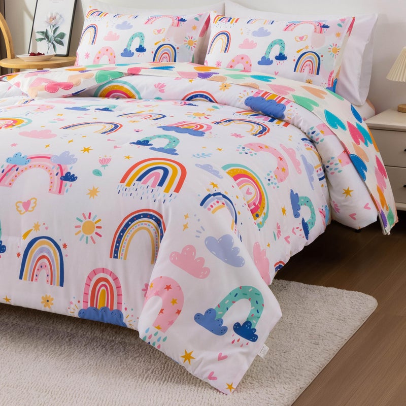 Btargot Lightweight Soft 3 Piece Rainbow Comforter Set with 2 Pillow Covers, Cartoon Leaves Flowers and Sun Star Bedding Set for Girls Boys Kids, Twin White - Image 4