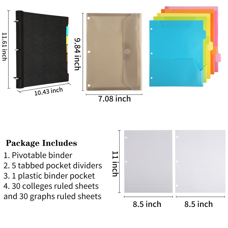 Tashkummy Pivotable Refillable Notebook, 3 Ring Binder Notebooks 1 Inch, Notebook with Dividers and Pockets, Folder Notebook, Flexible Binder, Soft Binders 3 Ring, Foldable Binder- Black - Image 4