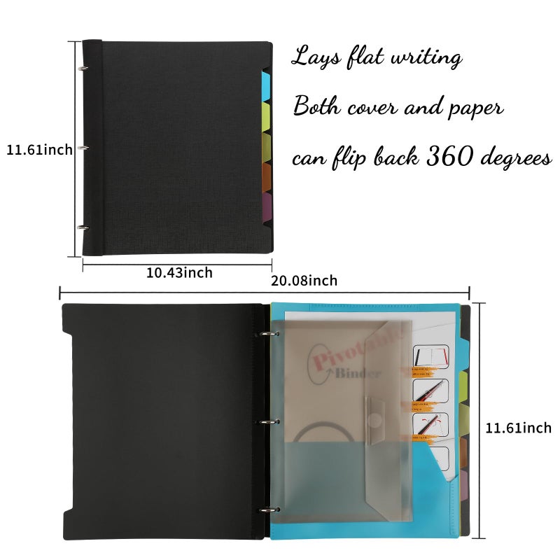 Tashkummy Pivotable Refillable Notebook, 3 Ring Binder Notebooks 1 Inch, Notebook with Dividers and Pockets, Folder Notebook, Flexible Binder, Soft Binders 3 Ring, Foldable Binder- Black - Image 2