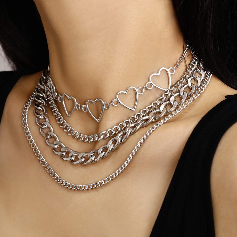 Aimimier Punk Link Chain Choker Necklace Set 4Pcs Hollow Heart Choker Hiphop Chunky Chain for Women - Image 5