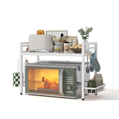 NETEL Expandable Microwave Stand,2 Tier Metal Kitchen Countertop Organizer Shelves with Paper Towel Holder and Baskets,Bakers Rack,Microwave Shelf,Microwave Oven Rack,55lbs Weight Capacity,White - Image 1