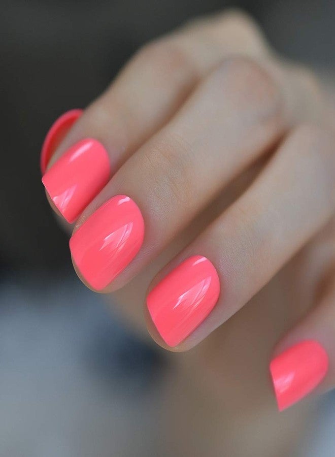 EchiQ Neon Short Nails Summer Color Fake Nails Deep Pink Ladies Bright Color Designed ABS Material Fingernails with Adhesive Tabs - Image 1