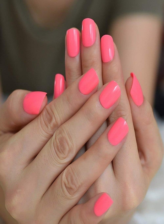 EchiQ Neon Short Nails Summer Color Fake Nails Deep Pink Ladies Bright Color Designed ABS Material Fingernails with Adhesive Tabs - Image 2