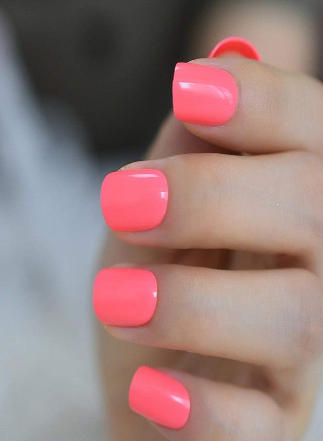 EchiQ Neon Short Nails Summer Color Fake Nails Deep Pink Ladies Bright Color Designed ABS Material Fingernails with Adhesive Tabs - Image 3