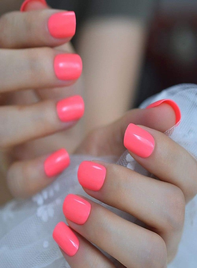 EchiQ Neon Short Nails Summer Color Fake Nails Deep Pink Ladies Bright Color Designed ABS Material Fingernails with Adhesive Tabs - Image 4