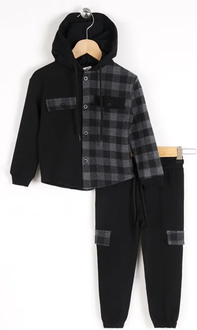 Zepkids Boy Plaid Pocket Hooded Tracksuit Set