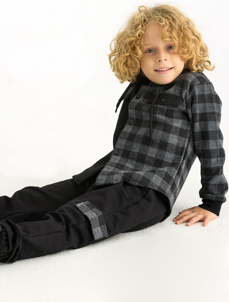 Zepkids Boy Plaid Pocket Hooded Tracksuit Set  - Image 2
