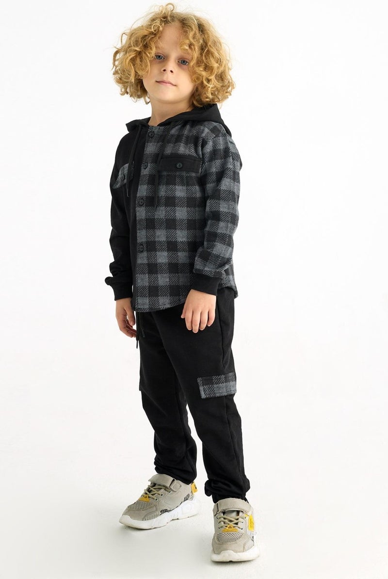 Zepkids Boy Plaid Pocket Hooded Tracksuit Set  - Image 4