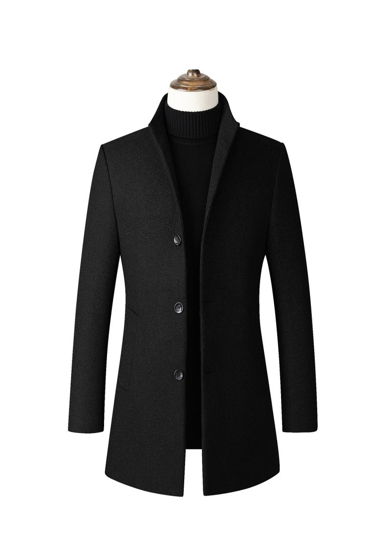 Loquat - Men Stand Collar Winter Solid Colour Trench Coat Outwear Overcoat Long Sleeve Jacket Black - Image 1