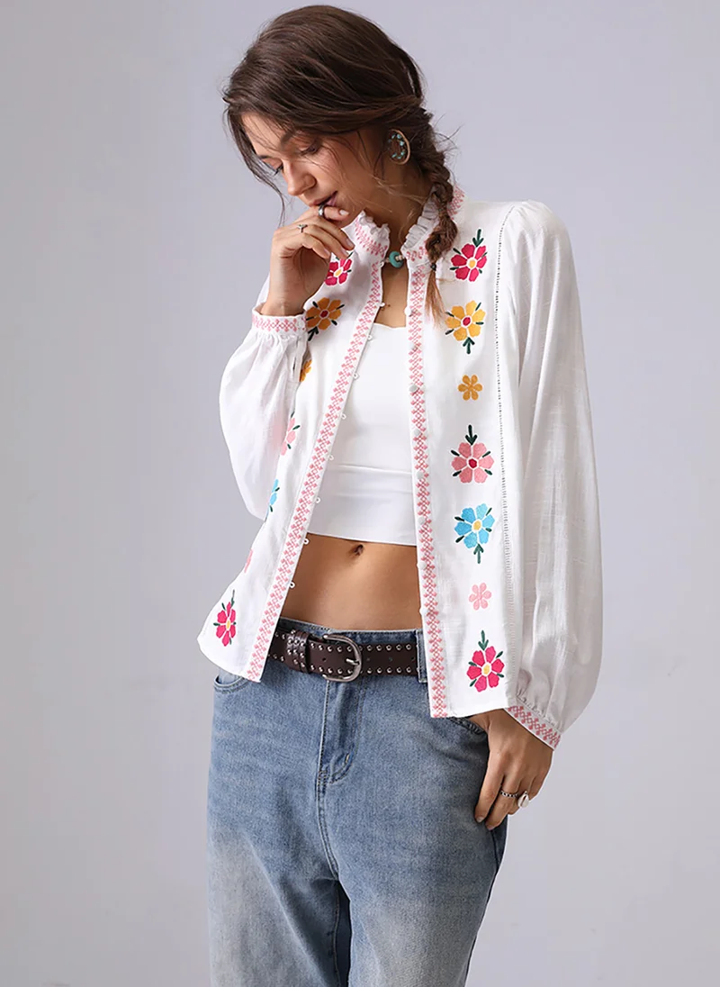 يونيكي Off White Band Collar Puff Sleeves Relaxed Fit Shirt