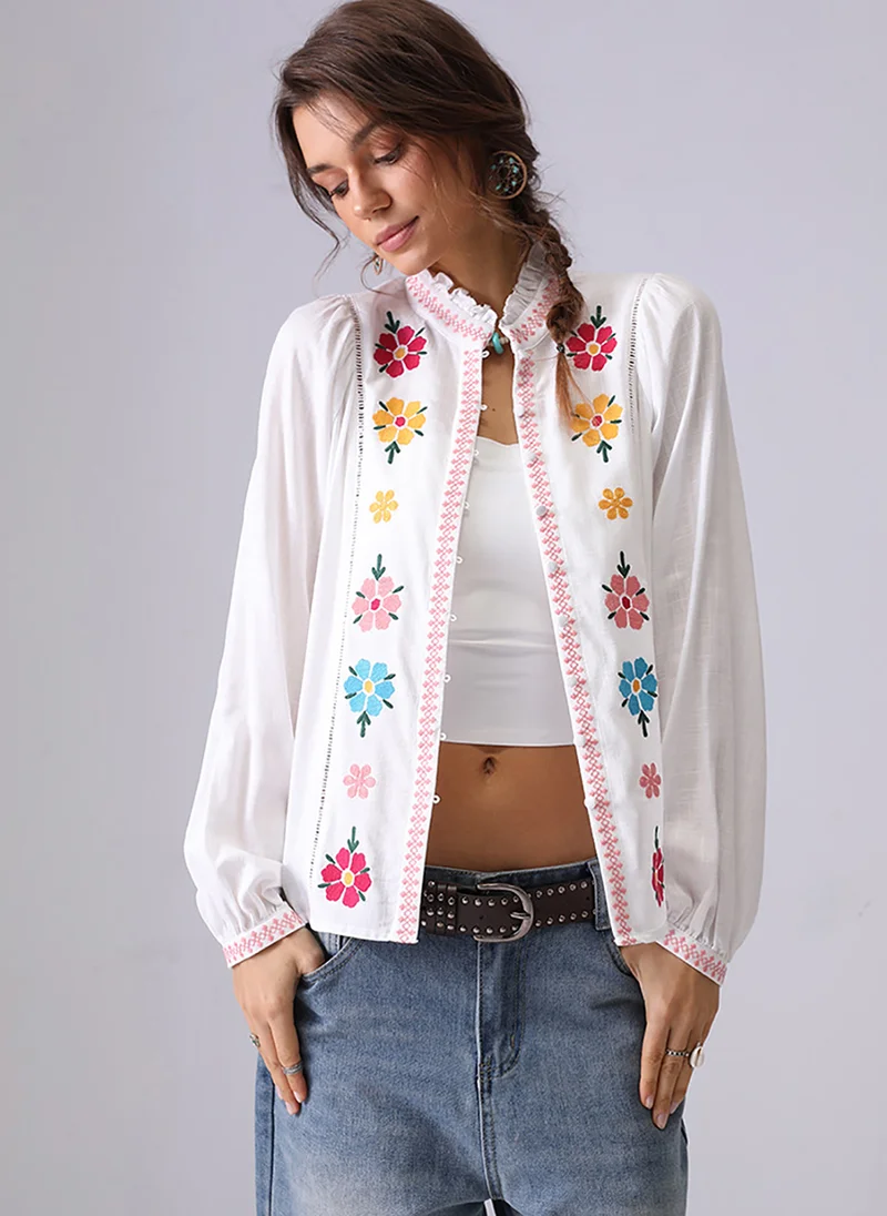 يونيكي Off White Band Collar Puff Sleeves Relaxed Fit Shirt