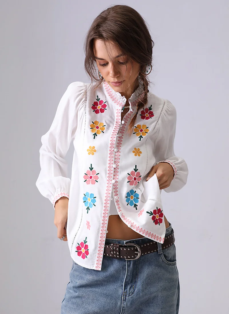 يونيكي Off White Band Collar Puff Sleeves Relaxed Fit Shirt
