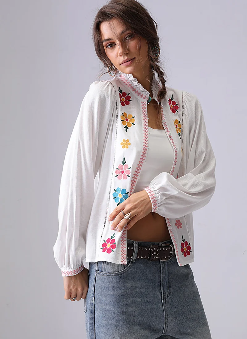 يونيكي Off White Band Collar Puff Sleeves Relaxed Fit Shirt