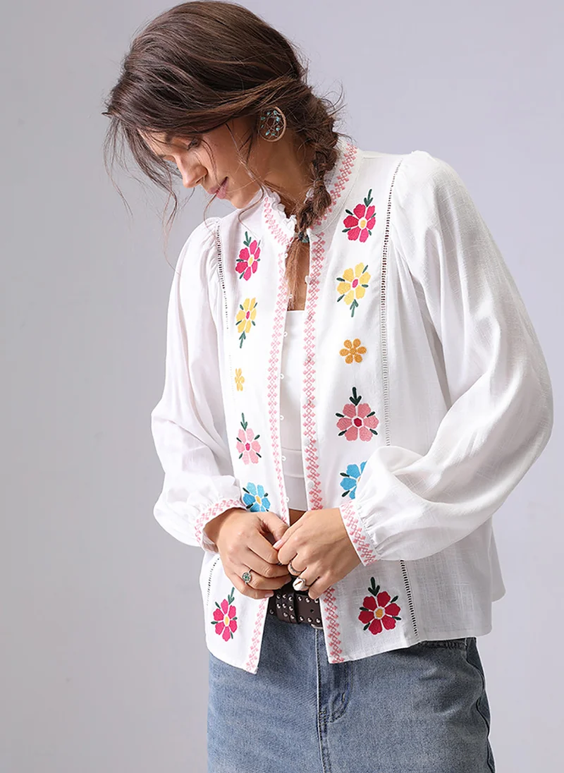 يونيكي Off White Band Collar Puff Sleeves Relaxed Fit Shirt