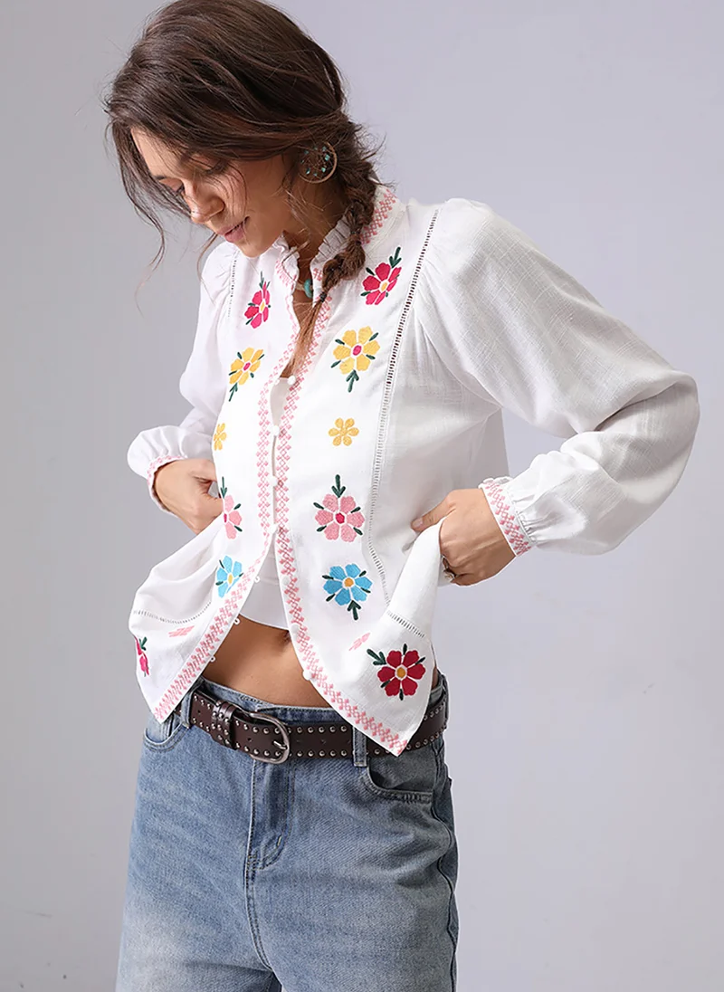 يونيكي Off White Band Collar Puff Sleeves Relaxed Fit Shirt