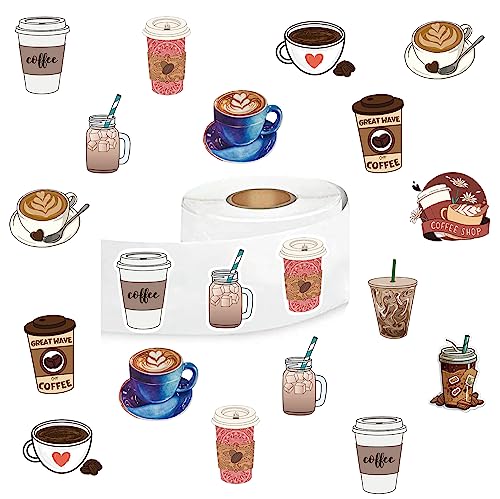 YEESACG 500Pcs Cute Coffee Stickers, Cartoon Drink 1 Inch Labels with 8 Patterns Decal Rolls Self Adhesive Seals for Scrapbooking Cards Envelopes， Gifts for Kids Teens Adults for Birthday Party Supply Reward - Image 1