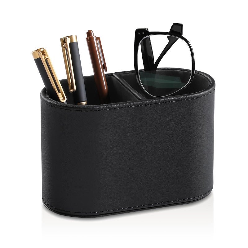 Meibooch Pu Leather Pen Holder For Desk  Small Remote Control Holder Pencil Cup Multifunctional Desktop Organizer Caddy For Home School Office Desk Accessories - 2 Compartments (Black) - Image 1