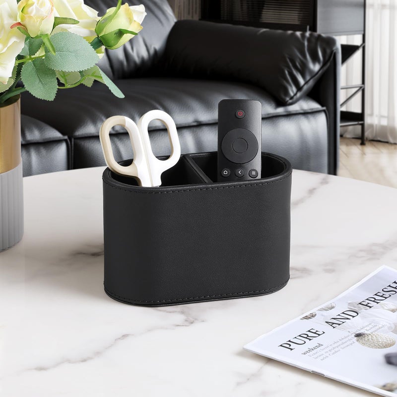 Meibooch Pu Leather Pen Holder For Desk  Small Remote Control Holder Pencil Cup Multifunctional Desktop Organizer Caddy For Home School Office Desk Accessories - 2 Compartments (Black) - Image 5