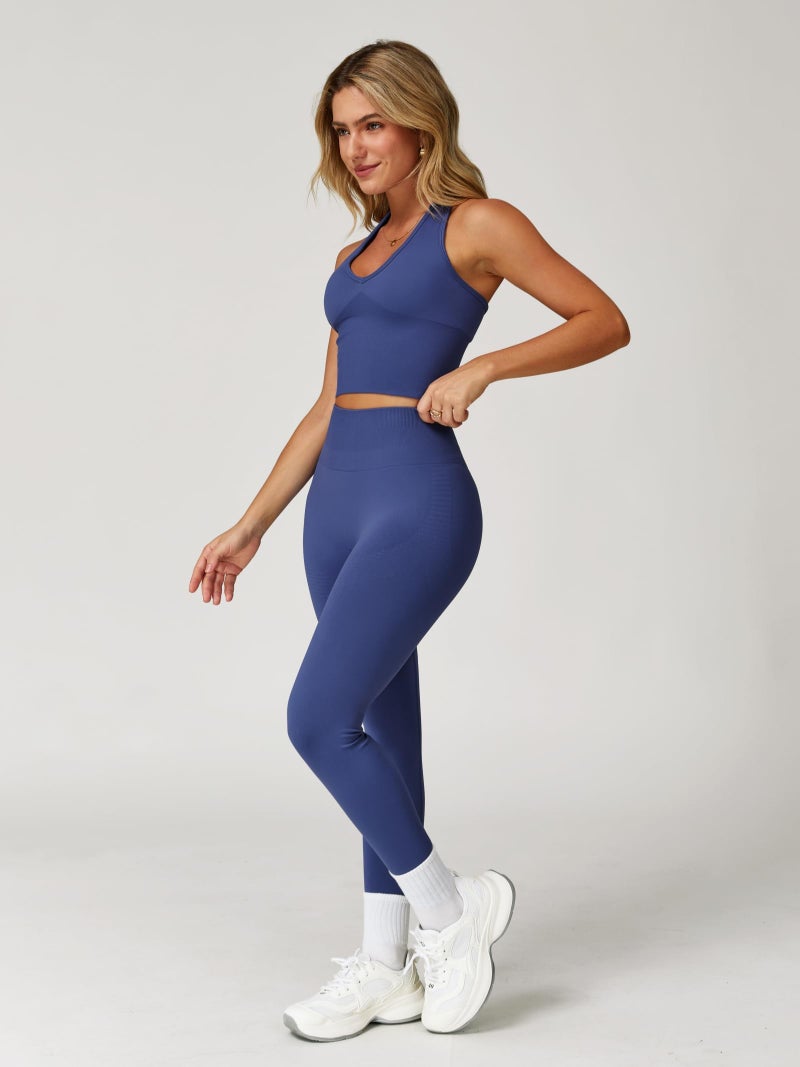 ABOCIW Workout Sets for Women 2 Piece Seamless V Neck Halter Tank Top with Bra Scrunch Butt Lifting High Waist Leggings Gym Sets Work Out Clothes Blue Purple Small - Image 3
