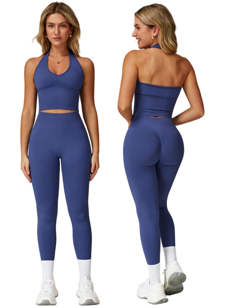 ABOCIW Workout Sets for Women 2 Piece Seamless V Neck Halter Tank Top with Bra Scrunch Butt Lifting High Waist Leggings Gym Sets Work Out Clothes Blue Purple Small - Image 1