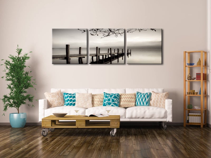 Pyradecor Peace Large Modern 3 Piece B & W Gallery Wrapped Landscapes Canvas Print Ocean Beach Pictures Paintings on Canvas Wall Art Work for Living Room Kitchen Home Office Decorations - Image 2