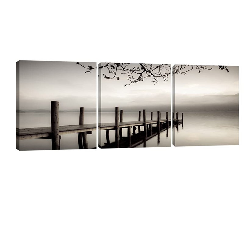 Pyradecor Peace Large Modern 3 Piece B & W Gallery Wrapped Landscapes Canvas Print Ocean Beach Pictures Paintings on Canvas Wall Art Work for Living Room Kitchen Home Office Decorations - Image 1