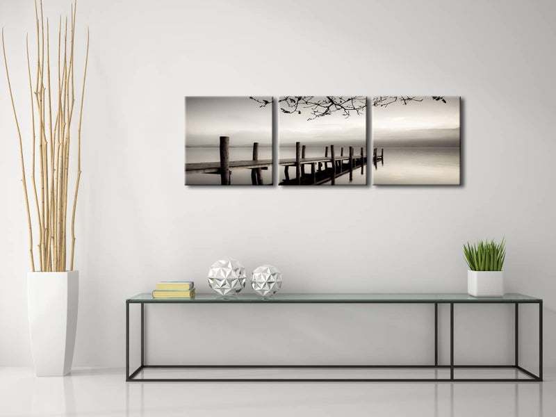 Pyradecor Peace Large Modern 3 Piece B & W Gallery Wrapped Landscapes Canvas Print Ocean Beach Pictures Paintings on Canvas Wall Art Work for Living Room Kitchen Home Office Decorations - Image 3