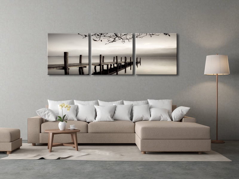 Pyradecor Peace Large Modern 3 Piece B & W Gallery Wrapped Landscapes Canvas Print Ocean Beach Pictures Paintings on Canvas Wall Art Work for Living Room Kitchen Home Office Decorations - Image 5