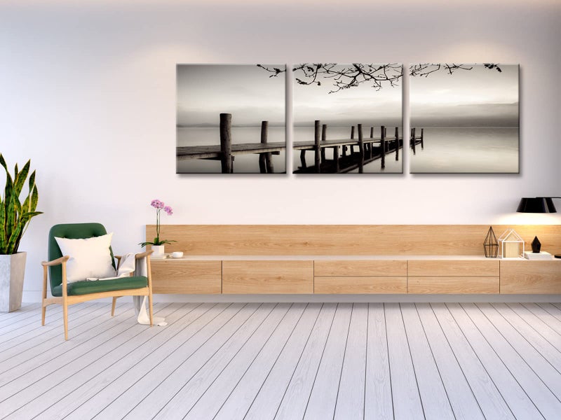 Pyradecor Peace Large Modern 3 Piece B & W Gallery Wrapped Landscapes Canvas Print Ocean Beach Pictures Paintings on Canvas Wall Art Work for Living Room Kitchen Home Office Decorations - Image 4