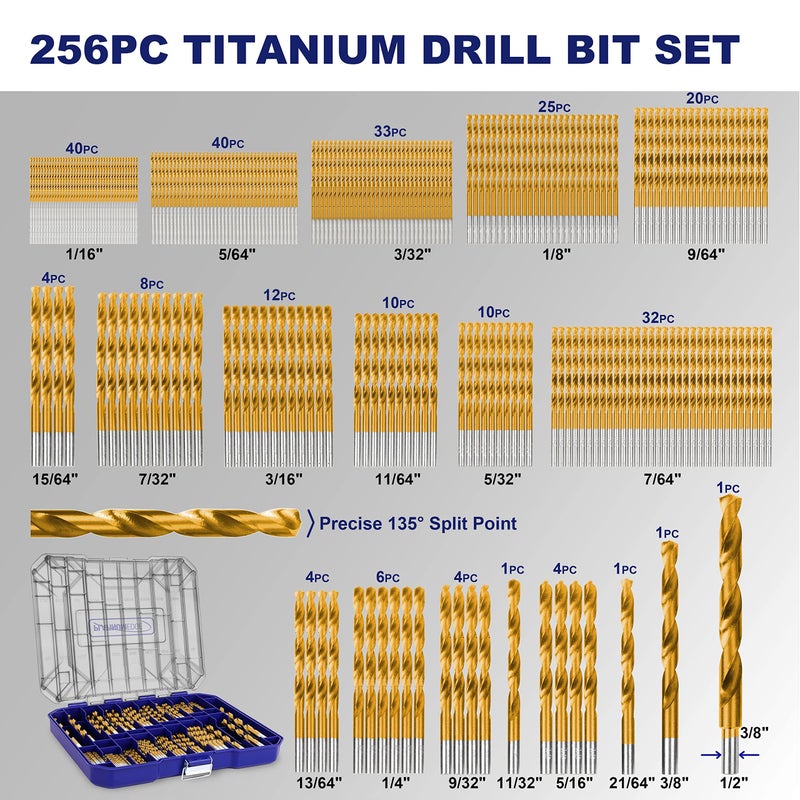 Hurricane 276pc Titanium Twist Drill Bit Set with S2 Bits 135Â° Tip High Speed Steel, Size from 1/16" up to 1/2", Ideal in Wood Cast Iron Aluminum Alloy Plastic Fiberglass, Clear Lid Case - Image 4