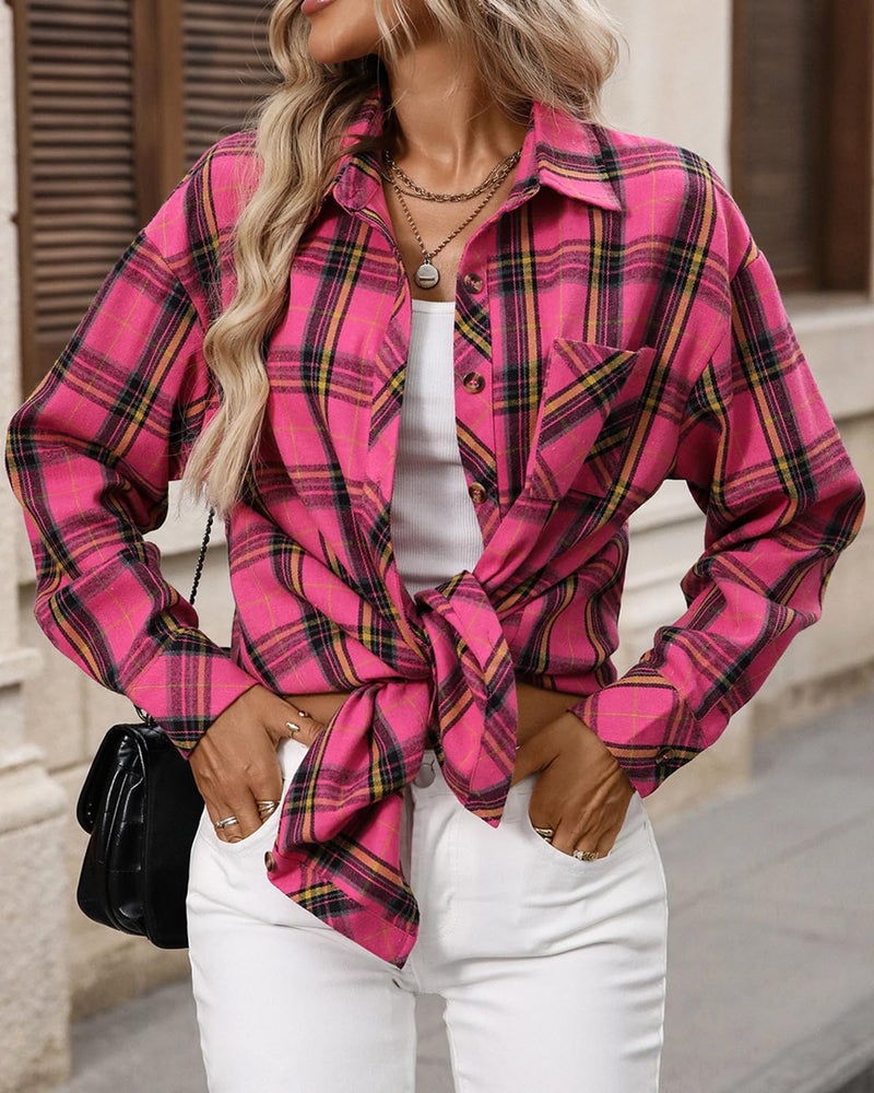 CHYRII Womens Oversized Flannel Shirts Button Down Long Sleeve Plaid Shirt Business Casual Blouse Top Hot Pink L - Image 2