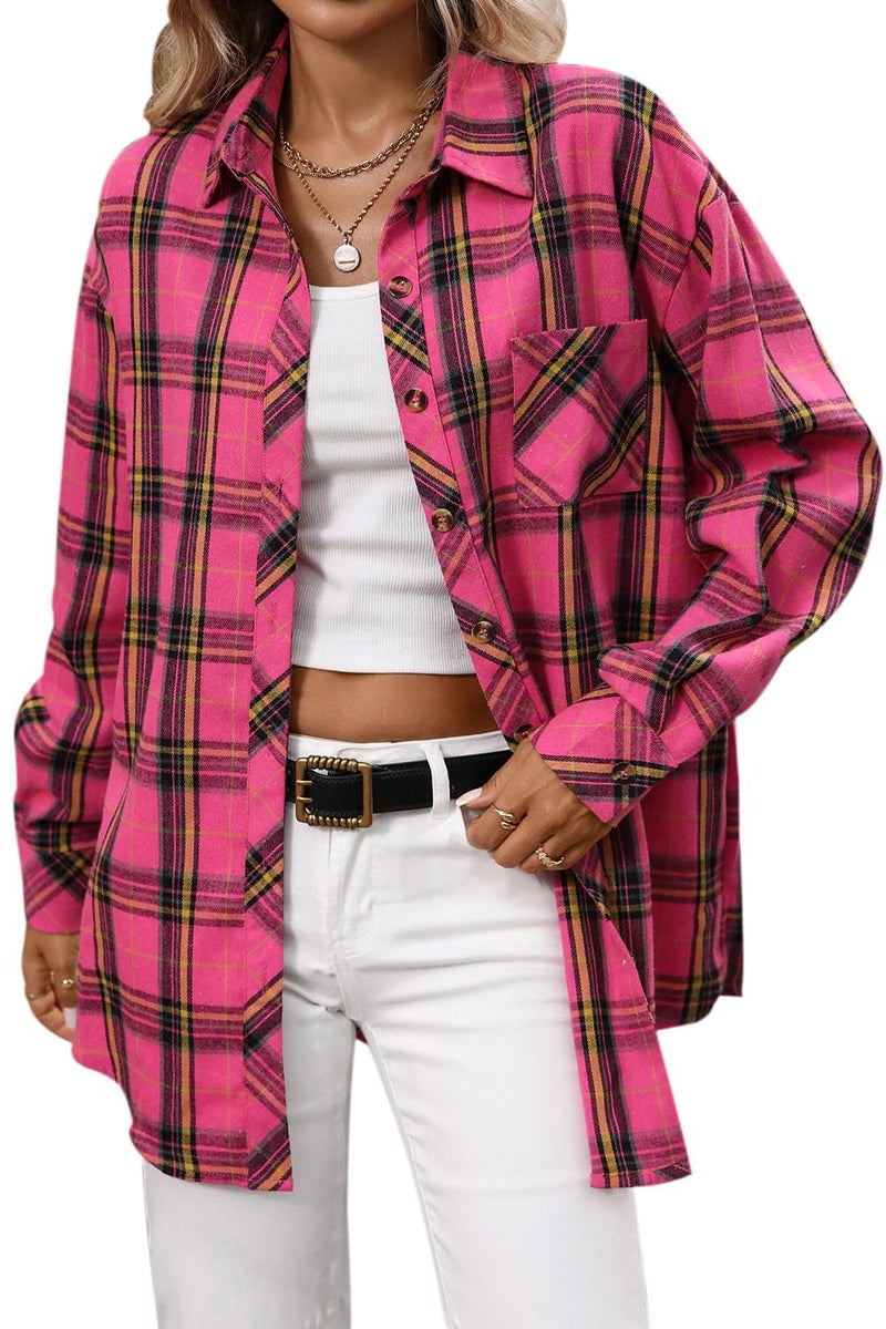 CHYRII Womens Oversized Flannel Shirts Button Down Long Sleeve Plaid Shirt Business Casual Blouse Top Hot Pink L - Image 1