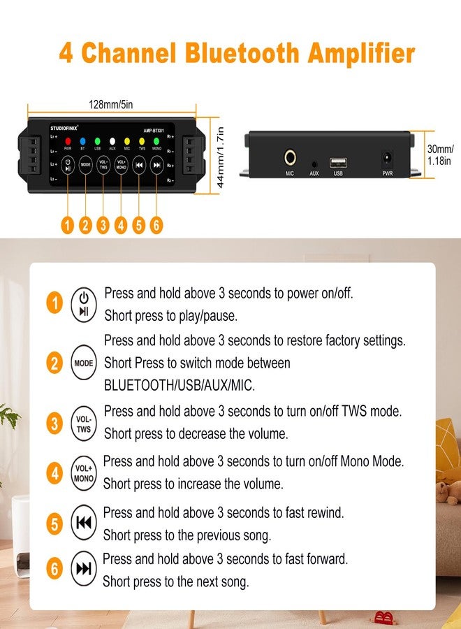STUDIOFINIX 4-Channel Wall Mount Amplifier, 19V3A, Power-Off Memory & Infrared Remote Control with Bluetooth 5.0, USB/MIC/AUX/TWS, for Home/Garage/Ceiling Speakers - Image 5