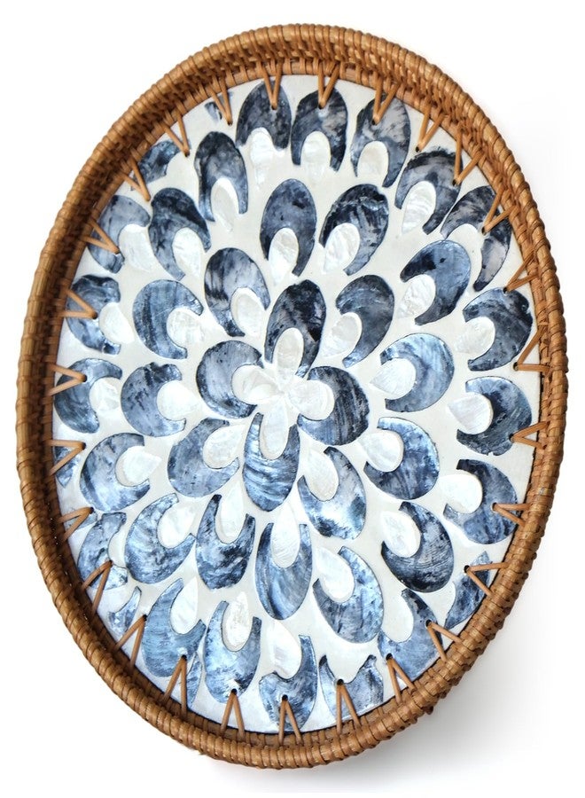 S310 Decorative Round Rattan Tray with Mother of Pearl Inlay & Wooden Base for Table Decor, Home Decor, Boho Decor, Food Display & Storage - Perfect for Coffee Bread, Fruits & More (Plume Design) - Image 1