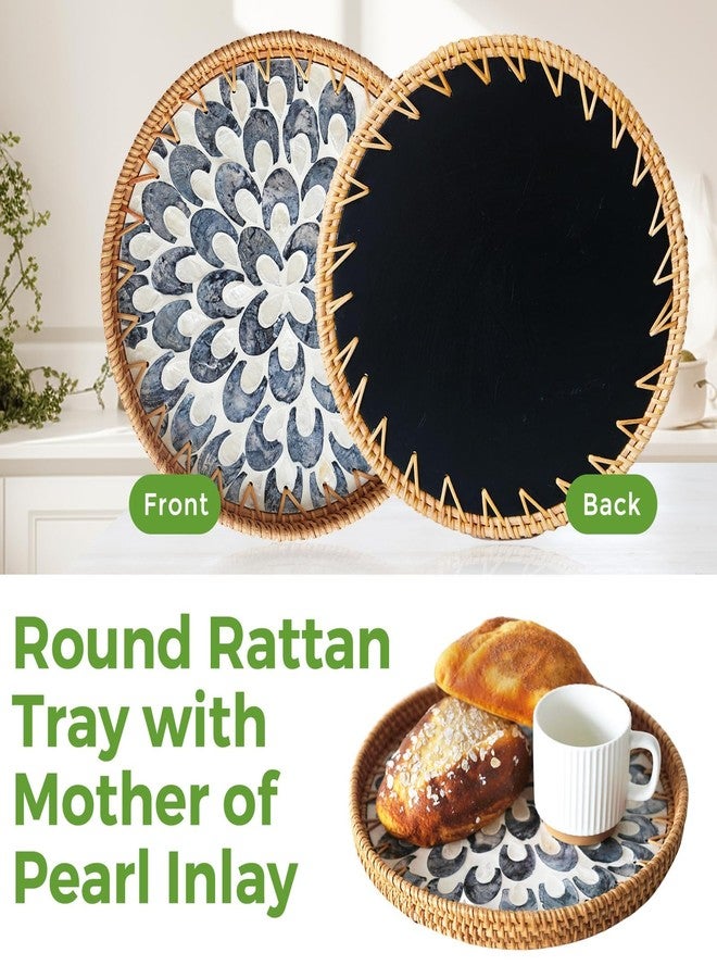 S310 Decorative Round Rattan Tray with Mother of Pearl Inlay & Wooden Base for Table Decor, Home Decor, Boho Decor, Food Display & Storage - Perfect for Coffee Bread, Fruits & More (Plume Design) - Image 3
