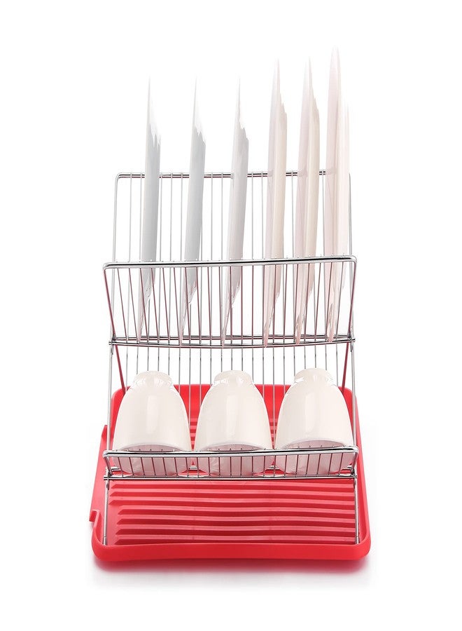 J&V TEXTILES Foldable Dish Drying Rack with Drainboard, Stainless Steel 2 Tier Drainer, Collapsible Folding Rack for Kitchen Sink, Countertop, Cutlery, Plates (Red) - Image 3
