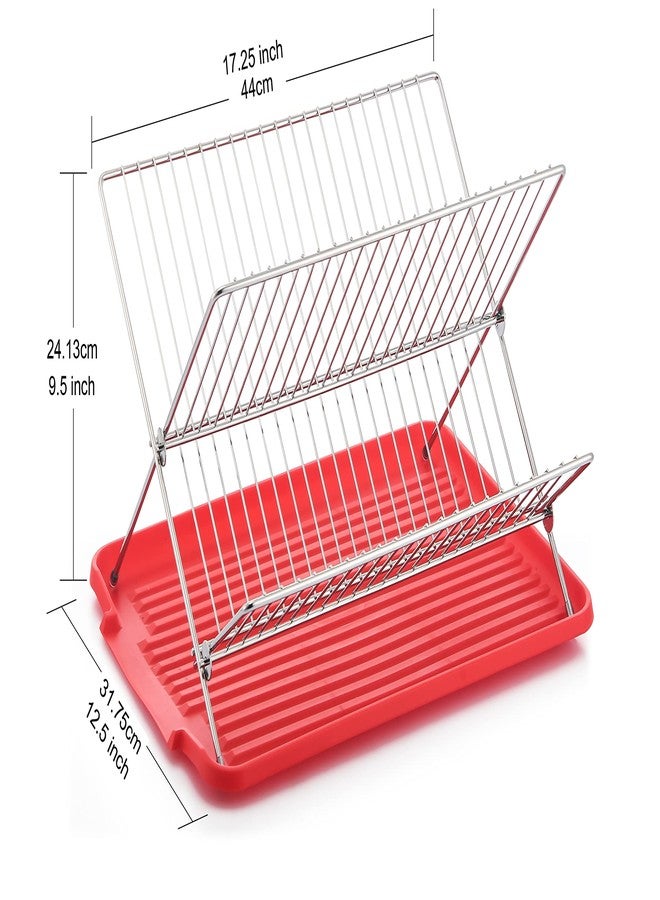 J&V TEXTILES Foldable Dish Drying Rack with Drainboard, Stainless Steel 2 Tier Drainer, Collapsible Folding Rack for Kitchen Sink, Countertop, Cutlery, Plates (Red) - Image 2
