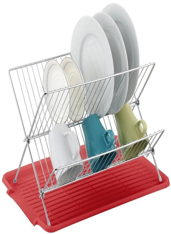 J&V TEXTILES Foldable Dish Drying Rack with Drainboard, Stainless Steel 2 Tier Drainer, Collapsible Folding Rack for Kitchen Sink, Countertop, Cutlery, Plates (Red) - Image 1