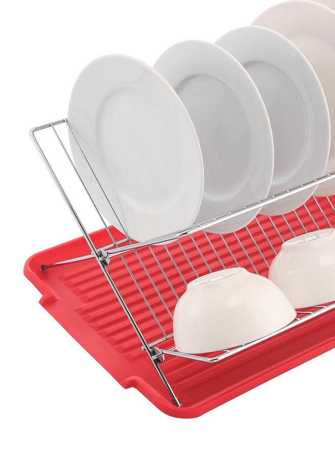 J&V TEXTILES Foldable Dish Drying Rack with Drainboard, Stainless Steel 2 Tier Drainer, Collapsible Folding Rack for Kitchen Sink, Countertop, Cutlery, Plates (Red) - Image 5