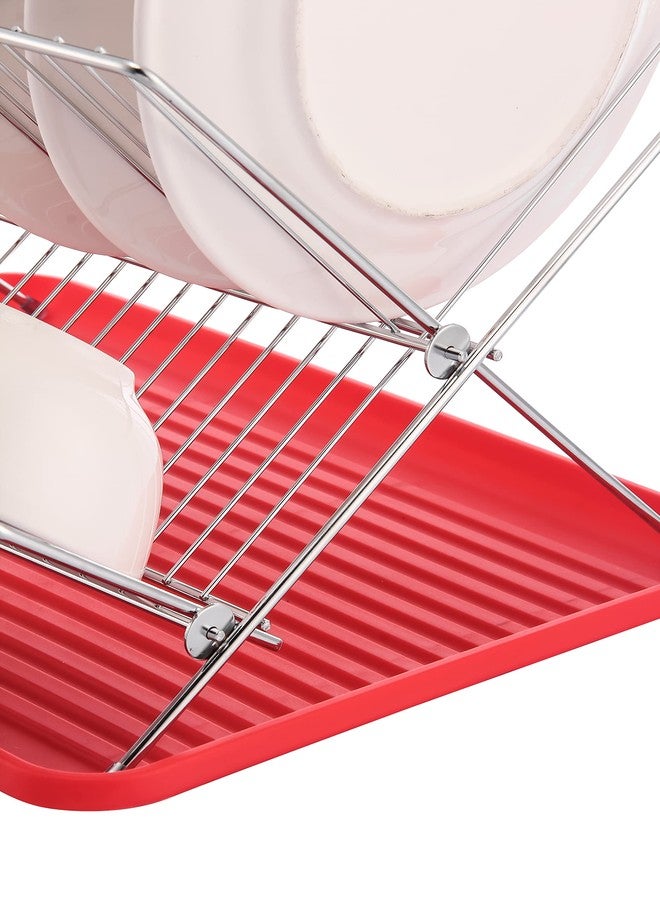 J&V TEXTILES Foldable Dish Drying Rack with Drainboard, Stainless Steel 2 Tier Drainer, Collapsible Folding Rack for Kitchen Sink, Countertop, Cutlery, Plates (Red) - Image 4
