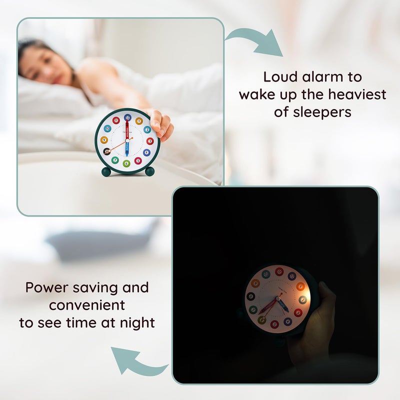 ABOUT SPACE Alarm Clock Silent Analog Table Alarm Clock with Night Light Battery Powered Multicolour Design for Home Office Students Kids GreenBattery not Included L108xB52xH112cm Metal - Image 4
