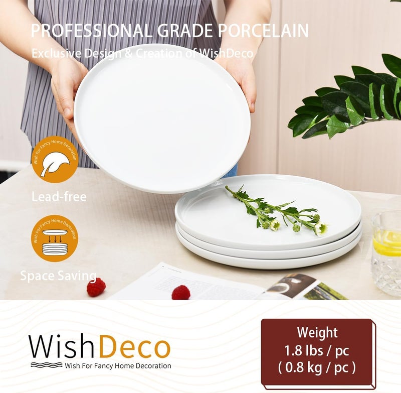 WishDeco Ceramic Dinner Plates Set of 4, Large Serving Plates 桅27 cm / 10.5 inch, White Round Porcelain Serving Dishes for Salad, Pizza, Steak, Buffet, Microwave & Dishwasher Safe - Image 4
