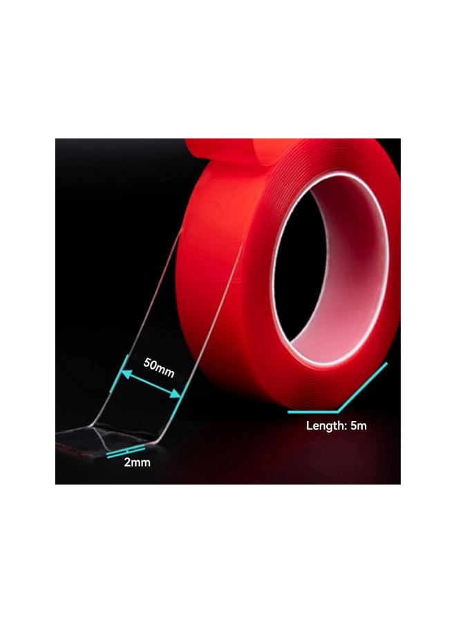 PROMASS promass Double Sided Tape Heavy Duty, Extra Large Nano Double Sided Adhesive Tape,Clear Mounting Tape Picture Hanging Adhesive Strips,Removable Tape,2mm x 50mm x 5m,Red Film  - Image 2