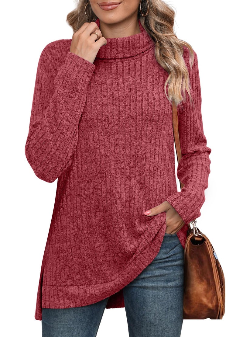 WIHOLL Oversized Sweaters for Womens Fall Fashion 2026 Tunic Tops Long Sleeve Christmas Thankgiving Shirts Comfy Turtlenecks Plus Size Women's Clothing Red M - Image 1