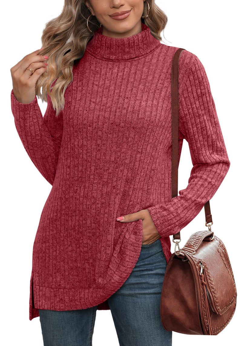 WIHOLL Oversized Sweaters for Womens Fall Fashion 2026 Tunic Tops Long Sleeve Christmas Thankgiving Shirts Comfy Turtlenecks Plus Size Women's Clothing Red M - Image 4