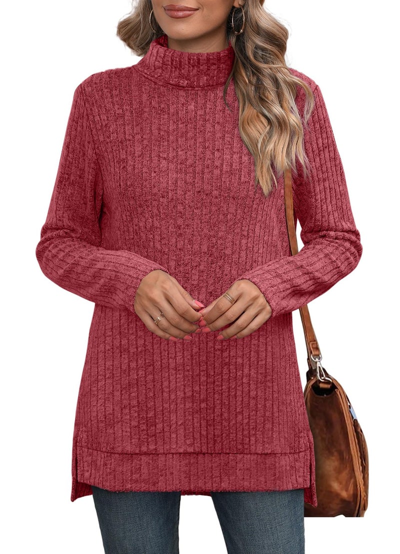 WIHOLL Oversized Sweaters for Womens Fall Fashion 2026 Tunic Tops Long Sleeve Christmas Thankgiving Shirts Comfy Turtlenecks Plus Size Women's Clothing Red M - Image 3