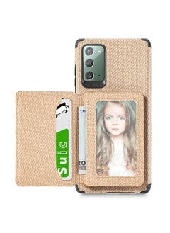 HuHa Case Cover For Samsung Galaxy Note20 Carbon Fiber Magnetic Card Bag TPU+PU Shockproof Back Cover Case with Holder & Card Slot & Photo Frame Khaki 