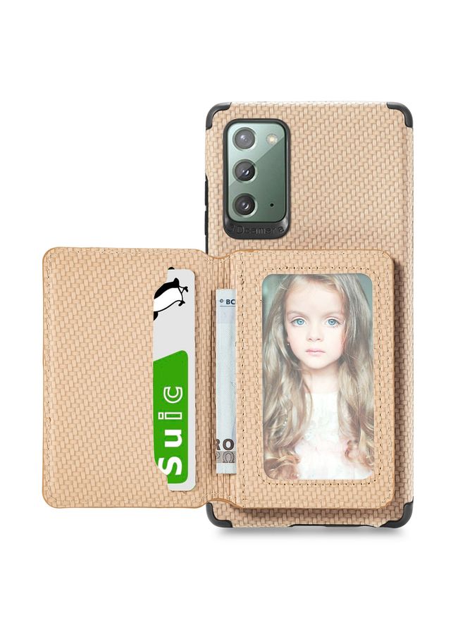 HuHa Case Cover For Samsung Galaxy Note20 Carbon Fiber Magnetic Card Bag TPU+PU Shockproof Back Cover Case with Holder & Card Slot & Photo Frame Khaki 