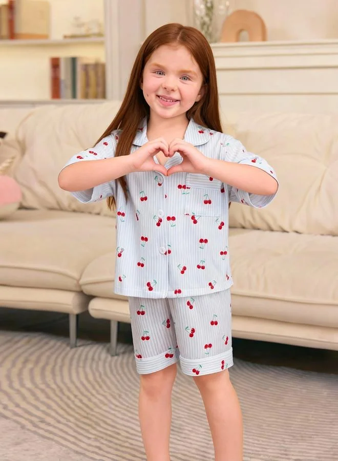 Take Two Girls Striped Cherry Print Shirt and Shorts Pyjama Set