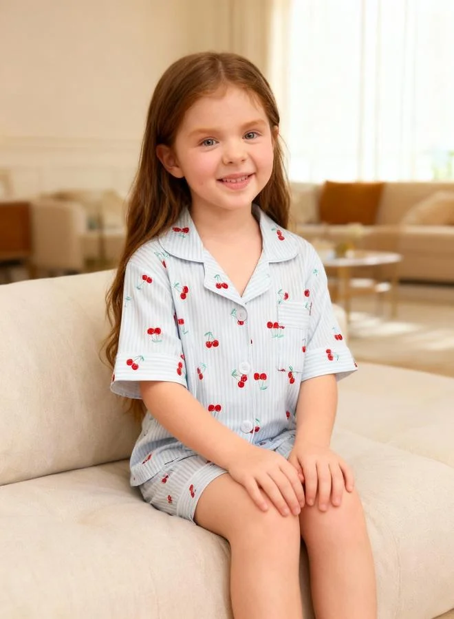 Take Two Girls Striped Cherry Print Shirt and Shorts Pyjama Set